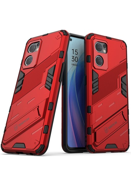 Oppo Reno7 5g (Global) Sert Pc + Yumuşak Tpu Telefon Arka Kapak Koruyucu Kılıf Kickstand ile Düşmeye Karşı Telefon Kılıfı - Kırmızı (Yurt Dışından)
