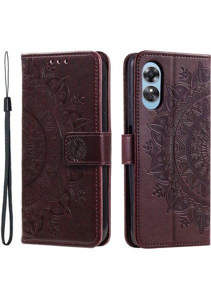 Oppo A78 4g Cüzdan Pu Deri Kılıf Standı Baskılı Mandala Çiçek Kılıf Kayışlı-Kahverengi (Yurt Dışından)