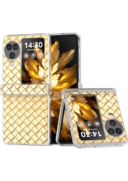 Oppo Find N3 Flip 5g Kılıf Dokuma Doku Deri+Pc Şeffaf Kenar Telefon Kılıfı-Altın (Yurt Dışından)