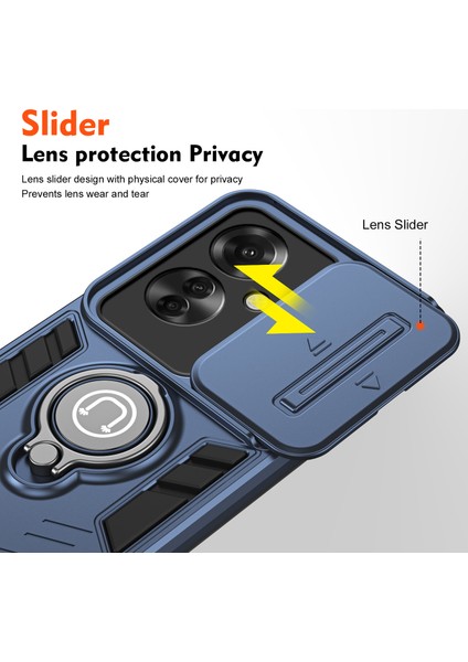 Oppo RENO11 F 5G/F25 Pro 5g Kılıf Sürgülü Lens Kapağı Telefon Kılıfı-Mavi Için Halka Tutucu Kickstand Telefon Kabuğu (Yurt Dışından) modelleri
