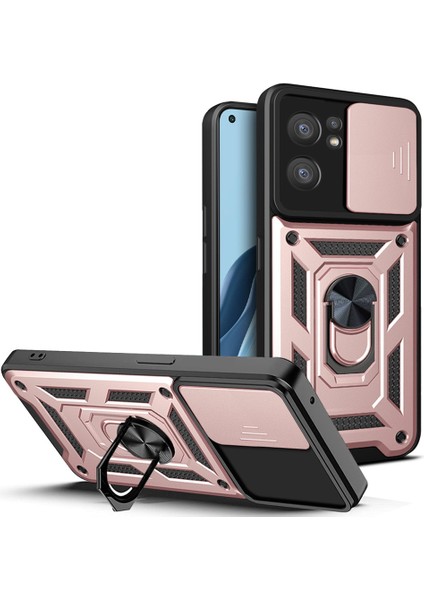 Oppo Reno7 5g (Global) Darbeye Dayanıklı Tpu+Pc Kılıf Halka Destekli Kayar Kamera Koruyucu Çizilmez Arka Kapak-Gül Altını (Yurt Dışından)