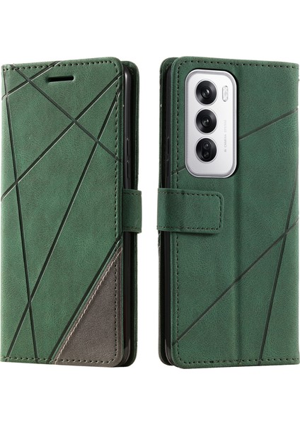 Oppo RENO12 5g(Global)Kılıf Baskılı Çizgiler Pu Deri Ekleme Cüzdan Telefon Kılıfı-Yeşil (Yurt Dışından)