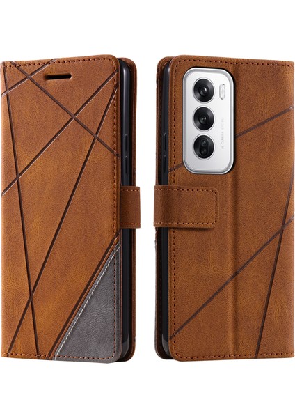 Oppo RENO12 5g(Global)Kılıf Baskılı Çizgiler Pu Deri Ekleme Cüzdan Telefon Kılıfı-Kahverengi (Yurt Dışından)