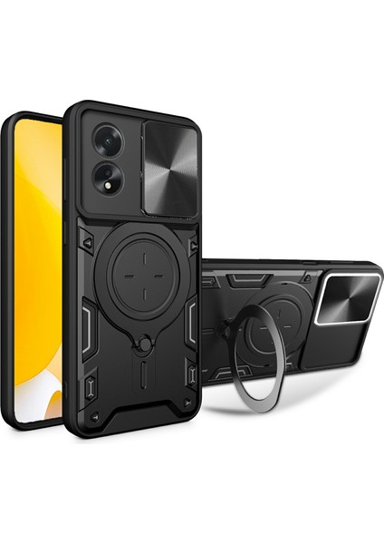 Oppo A38 4g Kickstand Kılıf Darbeye Dayanıklı Tpu+Pc Telefon Kılıfı Kayar Lens Pencereli-Siyah (Yurt Dışından)
