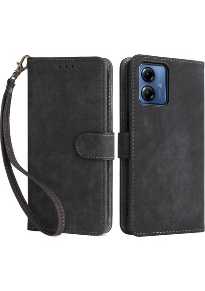 Motorola Moto G14 4g Çizilmez Cep Telefonu Kılıfı Deri Standlı Kapak Rfıd Engelleme Cüzdan Kılıfı Kayışlı-Siyah (Yurt Dışından)