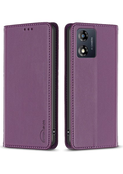 Bınfen Color BF18 Motorola Moto E13 4g Kart Yuvası Tasarım Telefon Kılıfı Deri Standlı Telefon Kılıfı-Koyu Mor (Yurt Dışından)