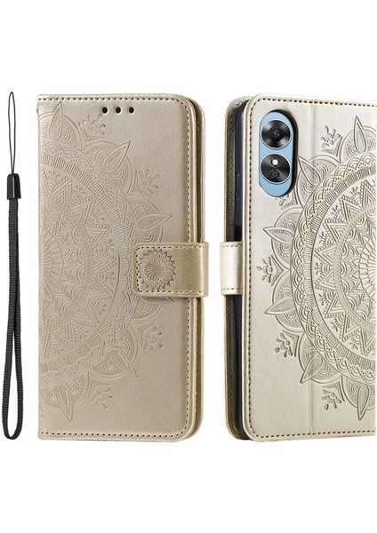 Oppo A58 5g Için Cep Telefonu Kılıfı, Baskılı Mandala Çiçek Desenli Cüzdan Standlı Telefon Kılıfı Kayışlı-Altın (Yurt Dışından)