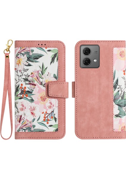 Motorola Moto G84 5g Kılıf Kart Yuvaları Pu Deri Çiçek Telefon Kılıfı-Pembe (Yurt Dışından)