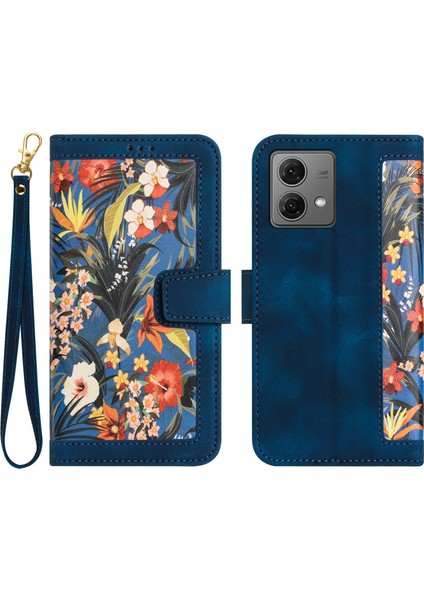 Motorola Moto G84 5g Kılıf Kart Yuvaları Pu Deri Çiçek Telefon Kılıfı-Koyu Mavi (Yurt Dışından)