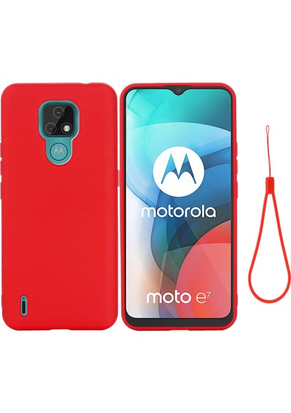 Motorola Moto E7 2020 Için Düz Sıvı Silikon Telefon Koruyucu Kılıf + Kullanışlı Kayış-Kırmızı (Yurt Dışından)