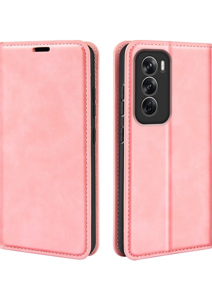 Oppo RENO12 Pro 5g (Global) Kılıf Cilt Dokunuşlu Deri Cüzdan Telefon Kılıfı-Pembe (Yurt Dışından)