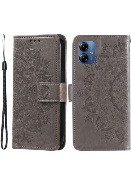 Motorola Moto G14 4g Mandala Çiçek Baskılı Deri Cüzdan Telefon Kılıfı Standı Askılı Kılıf-Gri (Yurt Dışından)