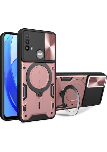 Motorola Moto E20/E30/E40 Için Çizilmez Kapak Sürgülü Kamera Kapağı Pc+Tpu Telefon Kılıfı Halkalı Ayaklık-Pembe (Yurt Dışından)