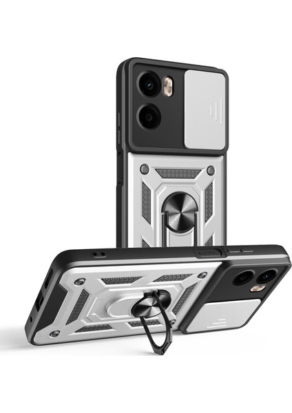 Motorola Moto G05 4g Kılıf Sürgülü Kamera Kapağı Pc + Tpu Ayaklı Telefon Kılıfı-Gümüş (Yurt Dışından)