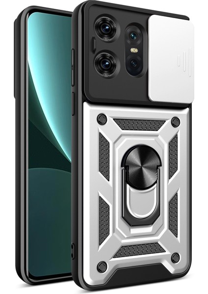 Motorola Edge 50 Pro 5g Kılıf Pc+Tpu Arka Kapak Lens Koruyucu+Destek Ayağı-Gümüş (Yurt Dışından)