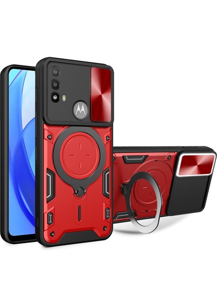 Motorola Moto E20/E30/E40 Için Çizilmez Kapak Sürgülü Kamera Kapağı Pc+Tpu Telefon Kılıfı Halka Ayaklı-Kırmızı (Yurt Dışından)