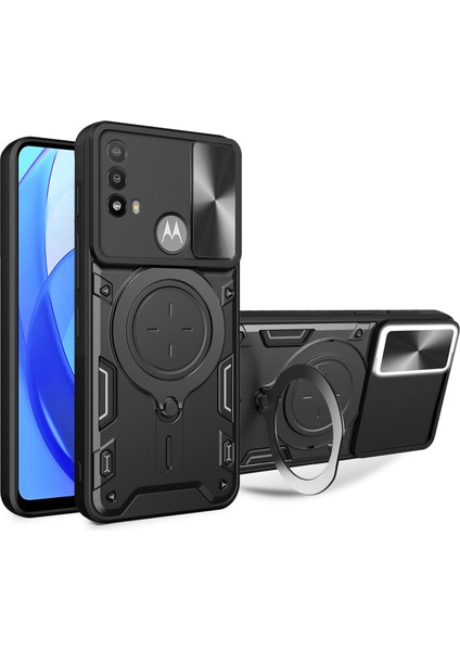 Motorola Moto E20/E30/E40 Için Çizilmez Kapak Sürgülü Kamera Kapağı Pc+Tpu Telefon Kılıfı Halka Ayaklı-Siyah (Yurt Dışından)