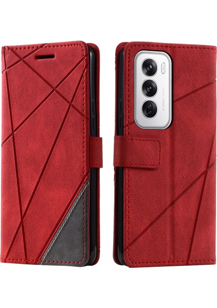 Oppo RENO12 5g(Global)Kılıf Baskılı Çizgiler Pu Deri Ekleme Cüzdan Telefon Kılıfı-Kırmızı (Yurt Dışından)