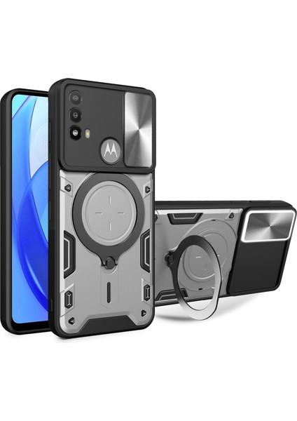 Motorola Moto E20/E30/E40 Için Çizilmez Kapak Sürgülü Kamera Kapağı Pc+Tpu Telefon Kılıfı Halkalı Ayaklı-Gümüş (Yurt Dışından)