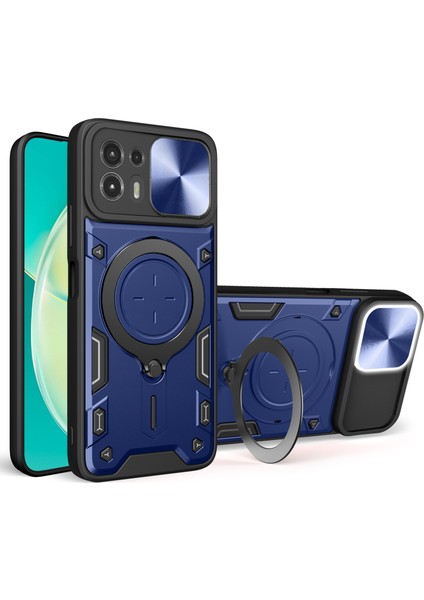 Motorola Edge 20 Lite Için Arka Kapak Sürgülü Kamera Kapağı Pc+Tpu Telefon Kılıfı Halkalı Ayaklı-Mavi (Yurt Dışından)