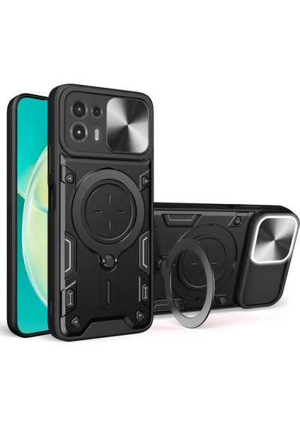 Motorola Edge 20 Lite Sürgülü Kamera Kapağı Pc+Tpu Telefon Kılıfı Halkalı Ayaklı Arka Kapak-Siyah (Yurt Dışından)