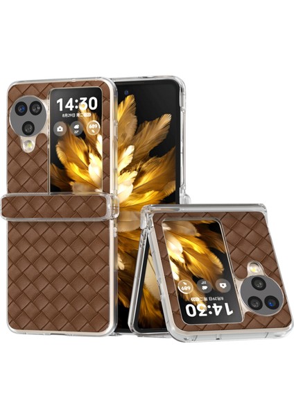 Oppo Find N3 Flip 5g Kılıf Dokuma Doku Deri+Pc Şeffaf Kenar Telefon Kılıfı-Kahverengi (Yurt Dışından)