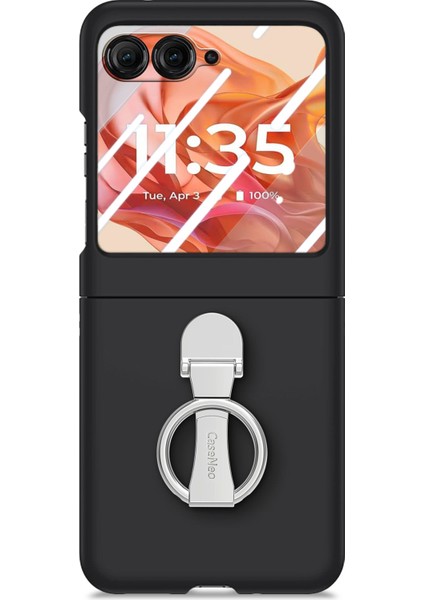 Motorola Razr 50 5g Kılıf Halka Kickstand Pc Telefon Kılıfı Temperli Cam Arka Ekran Filmi-Siyah (Yurt Dışından)