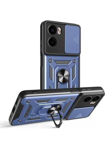 Motorola Moto G05 4g Kılıf Sürgülü Kamera Kapağı Pc + Tpu Ayaklı Telefon Kılıfı-Mavi (Yurt Dışından)