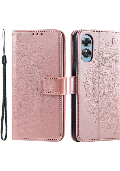 Oppo A58 5g Için Cep Telefonu Kılıfı, Baskılı Mandala Çiçek Desenli Cüzdan Standlı Telefon Kılıfı Kayışlı-Gül Altını (Yurt Dışından)