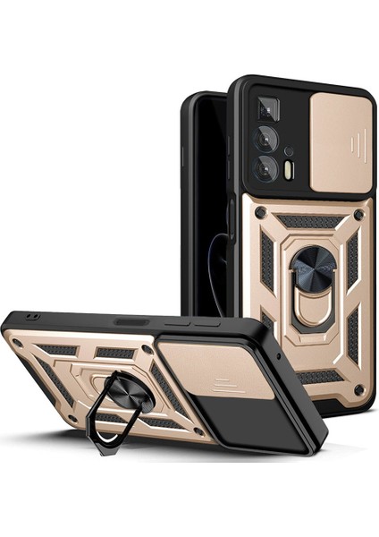 Motorola Edge 20 Pro Sert Pc + Tpu Çift Katmanlı Zırh Telefon Kılıfı Sürgülü Lens Koruması Ayaklı Çizilmeye Kapak Dahili Manyetik Metal Levha - Altın (Yurt Dışından)