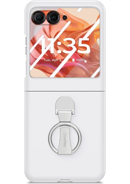 Motorola Razr 50 5g Kılıf Halka Kickstand Pc Telefon Kılıfı Temperli Cam Arka Ekran Filmi-Beyaz (Yurt Dışından)