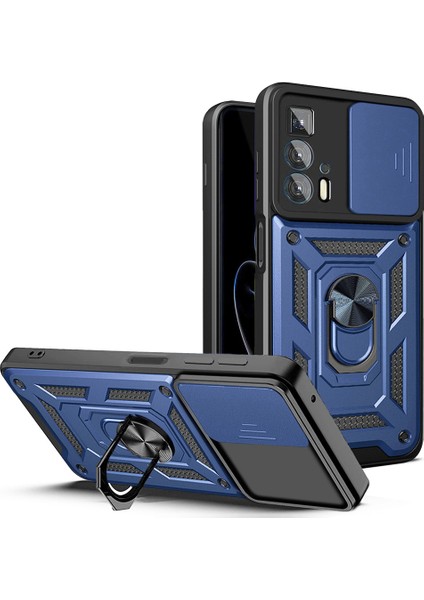 Motorola Edge 20 Pro Sert Pc + Tpu Çift Katmanlı Zırh Telefon Kılıfı Sürgülü Lens Koruması Ayaklı Çizilmeye Kapak Dahili Manyetik Metal Levha - Mavi (Yurt Dışından)