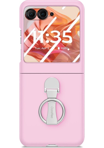 Motorola Razr 50 5g Kılıf Halka Kickstand Pc Telefon Kılıfı Temperli Cam Arka Ekran Filmi-Pembe (Yurt Dışından)