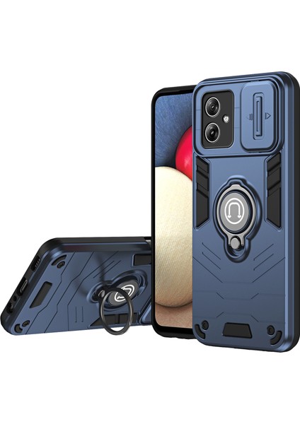 Motorola Moto G54 5g Kılıf Halka Ayaklı Pc+Tpu Telefon Kılıfı Sürgülü Lens Koruma-Mavi (Yurt Dışından)