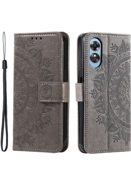 Oppo A58 5g Için Cep Telefonu Kılıfı, Baskılı Mandala Çiçek Desenli Cüzdan Standlı Telefon Kılıfı Askılı-Gri (Yurt Dışından)