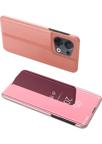 Oppo Reno8 5g (Küresel Sürüm) Için Çizilmeye Dayanıklı Pu Deri Aynalı Kapaklı Elektrokaplama Kılıf Şeffaf Görünüm Pencere Standlı Telefon Kılıfı-Gül Altını (Yurt Dışından)