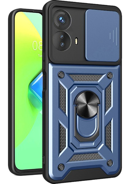 Motorola Moto G53 5g Için Kickstand Pc+Tpu Telefon Kılıfı, Kayar Itmeli Çekmeli Kamera Lens Koruma Kabuğu Telefon Kılıfı-Mavi (Yurt Dışından)