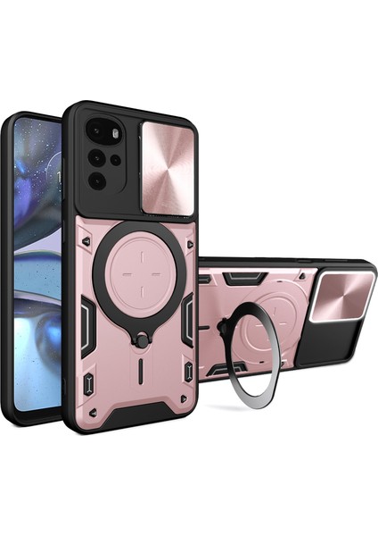 Motorola Moto G22/E32 4g Pc+Tpu Kapaklı Kayar Kamera Kapak Halkası Destekli Telefon Arka Koruyucu Kılıf-Pembe (Yurt Dışından)