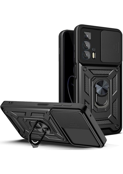 Motorola Edge 20 Pro Sert Pc + Tpu Çift Katmanlı Zırh Telefon Kılıfı Sürgülü Lens Koruması Ayaklı Çizilmeye Kapak Dahili Manyetik Metal Levha - Siyah (Yurt Dışından)