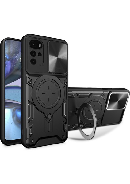 Motorola Moto G22/E32 4g Pc+Tpu Kapaklı Kayar Kamera Kapak Halkası Destekli Telefon Arka Koruyucu Kılıf-Siyah (Yurt Dışından)