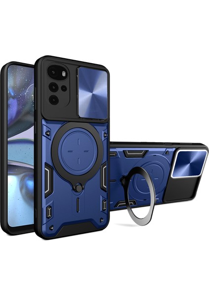 Motorola Moto G22/E32 4g Pc+Tpu Kapaklı Kayar Kamera Kapak Halkası Destekli Telefon Arka Koruyucu Kılıf-Mavi (Yurt Dışından)
