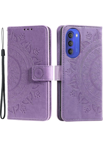 Motorola Moto G51 5g Için Mandala Çiçek Baskılı Telefon Kılıfı, Pu Deri Darbeye Dayanıklı Cüzdan Kılıf Standı Kabuk Bilek Kayışı Ile-Mor (Yurt Dışından)