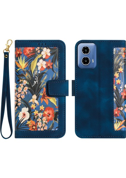 Motorola Moto G45 5G/G34 5g Kılıf Standı Fonksiyonu Çiçek Desenli Pu Deri Telefon Kılıfı-Koyu Mavi (Yurt Dışından)