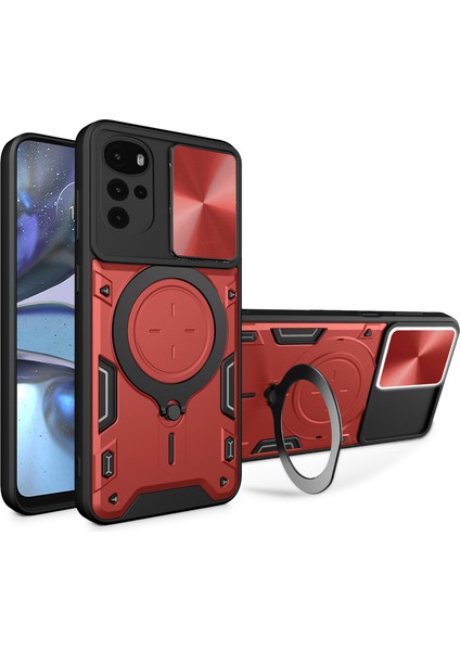 Motorola Moto G22/E32 4g Pc+Tpu Kapaklı Kayar Kamera Kapak Halkası Destekli Telefon Arka Koruyucu Kılıf-Kırmızı (Yurt Dışından)