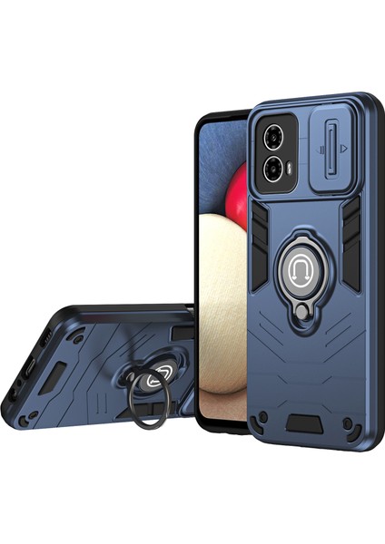 Motorola Moto G45 5G/G34 5g Kılıf Sürgülü Kamera Kapağı Pc+Tpu Telefon Koruyucu Halka Ayaklık-Mavi (Yurt Dışından)