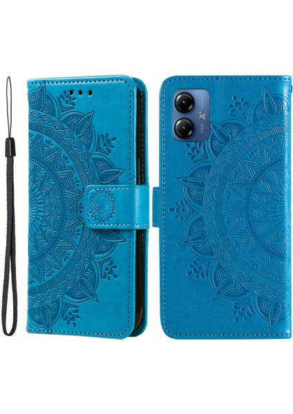 Motorola Moto G14 4g Mandala Çiçek Baskılı Deri Cüzdan Telefon Kılıfı Standı Askılı Kılıf-Mavi (Yurt Dışından)