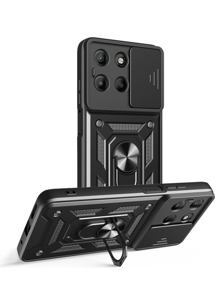 Motorola Moto G15 4g Kılıf Sürgülü Kamera Kapağı Pc + Tpu Ayaklı Telefon Kılıfı-Siyah (Yurt Dışından)