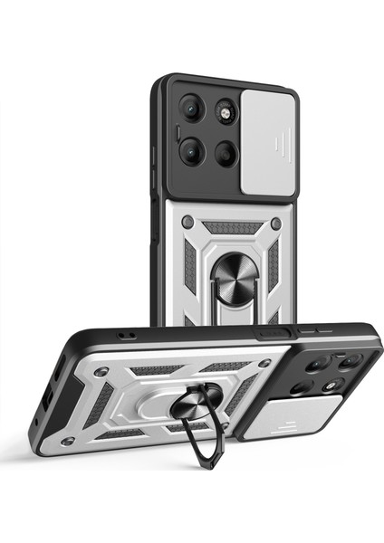 Motorola Moto G15 4g Kılıf Sürgülü Kamera Kapağı Pc + Tpu Kickstand Telefon Kılıfı-Gümüş (Yurt Dışından)