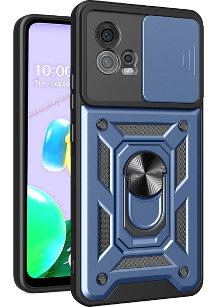 Motorola Moto G72 4g Kickstand Pc+Tpu Telefon Kılıfı Sürgülü Itmeli Çekmeli Kamera Lens Koruma Kılıfı-Mavi (Yurt Dışından)