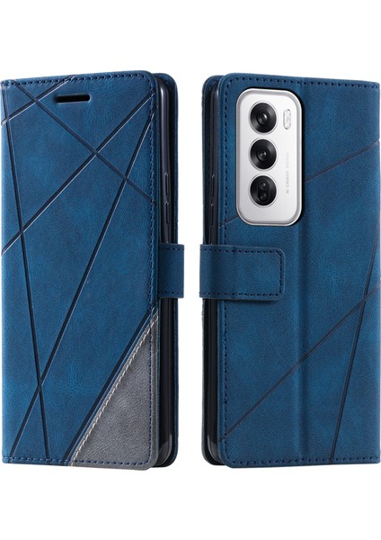 Oppo RENO12 5g(Global)Kılıf Baskılı Çizgiler Pu Deri Ekleme Cüzdan Telefon Kılıfı-Mavi (Yurt Dışından)